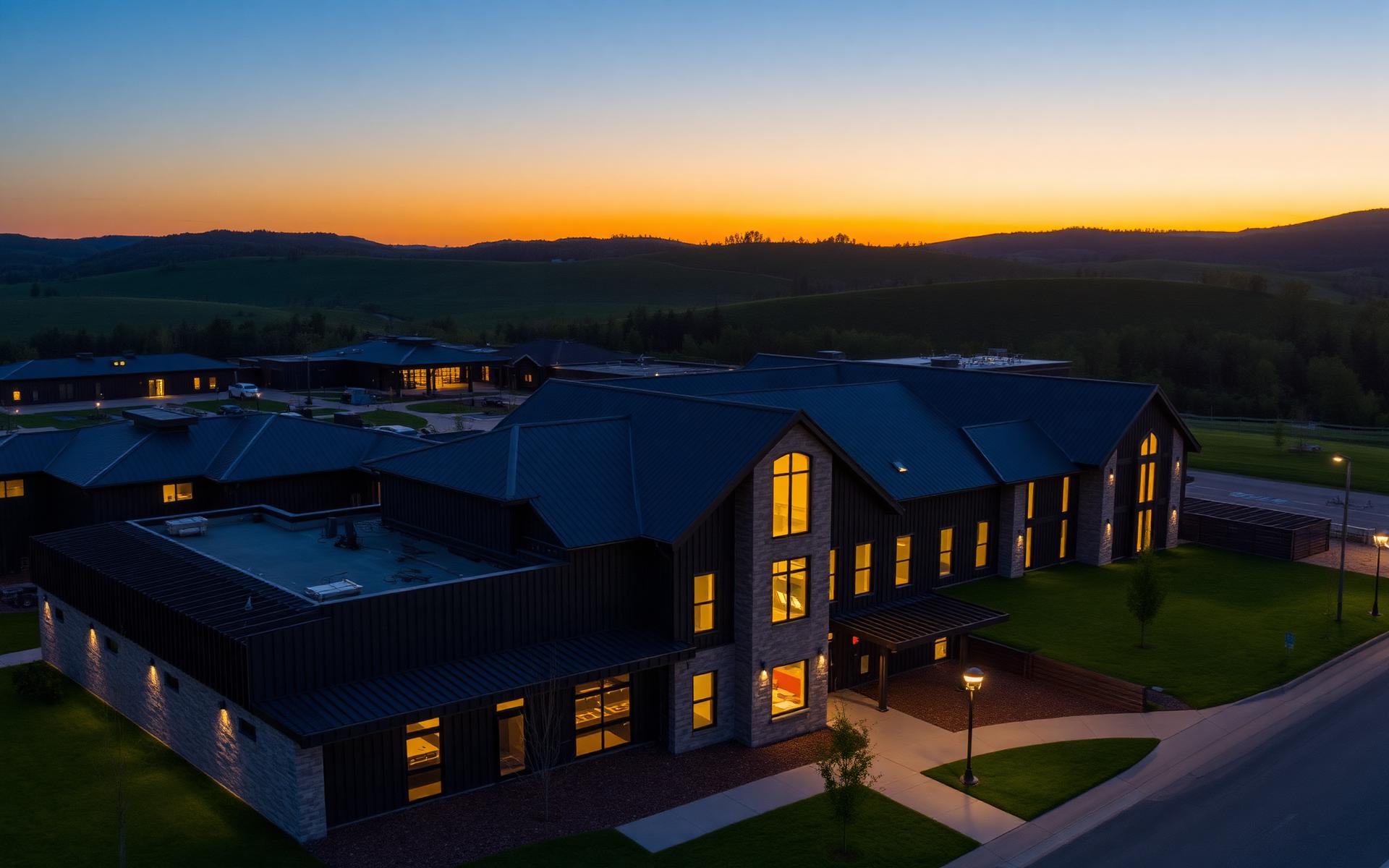 Modern Pennsylvania mixed-use development at twilight — blackened steel, natural stone, cedar